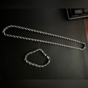 GLD Silver Rope Chain Necklace and Bracelet Set size 22” and 8”